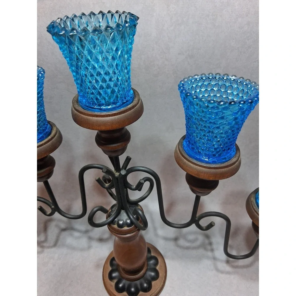 VTG Homco 5 Arm Metal Wood Candelabra With Teal Glass Votive Cups